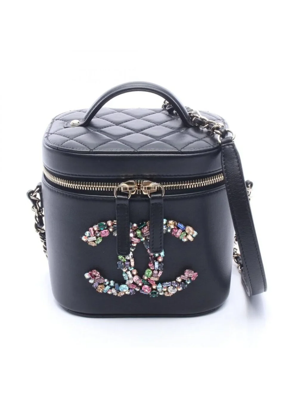 Chanel Shoulder Bag Crystal Mania Quilted CC Logo Vanity 2-Way Black Lambskin